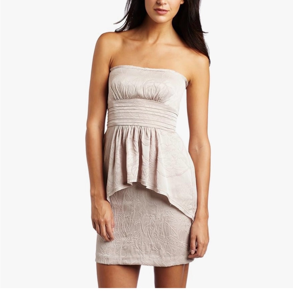 BCBGMaxAzria Karla strapless Lace Peplum Dress in Light‎ Beige 2